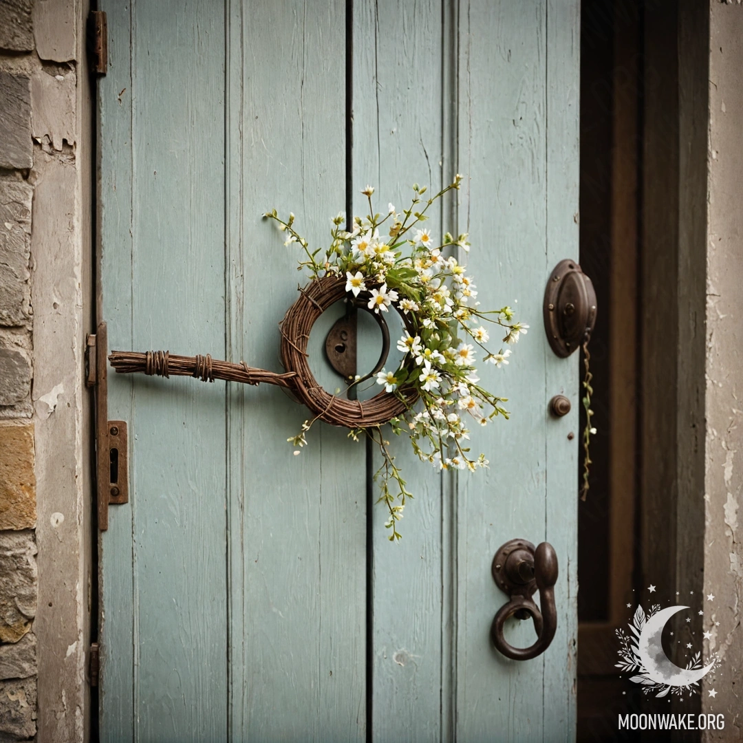 Peaceful Shabby Door with Twigs and Flowers A shabby door adorned with twigs and flowers on the handle, evoking tranquility.
