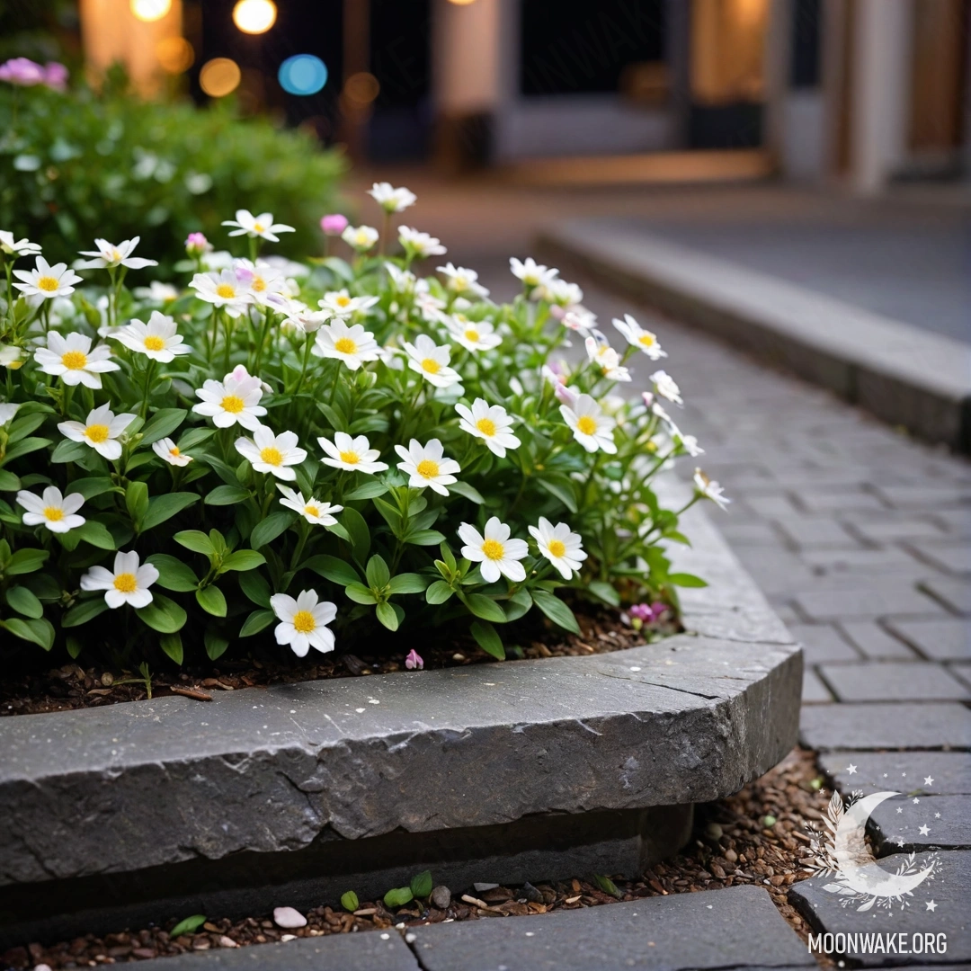 A shabby stone curb with small white and pink flowers blooming at night.
