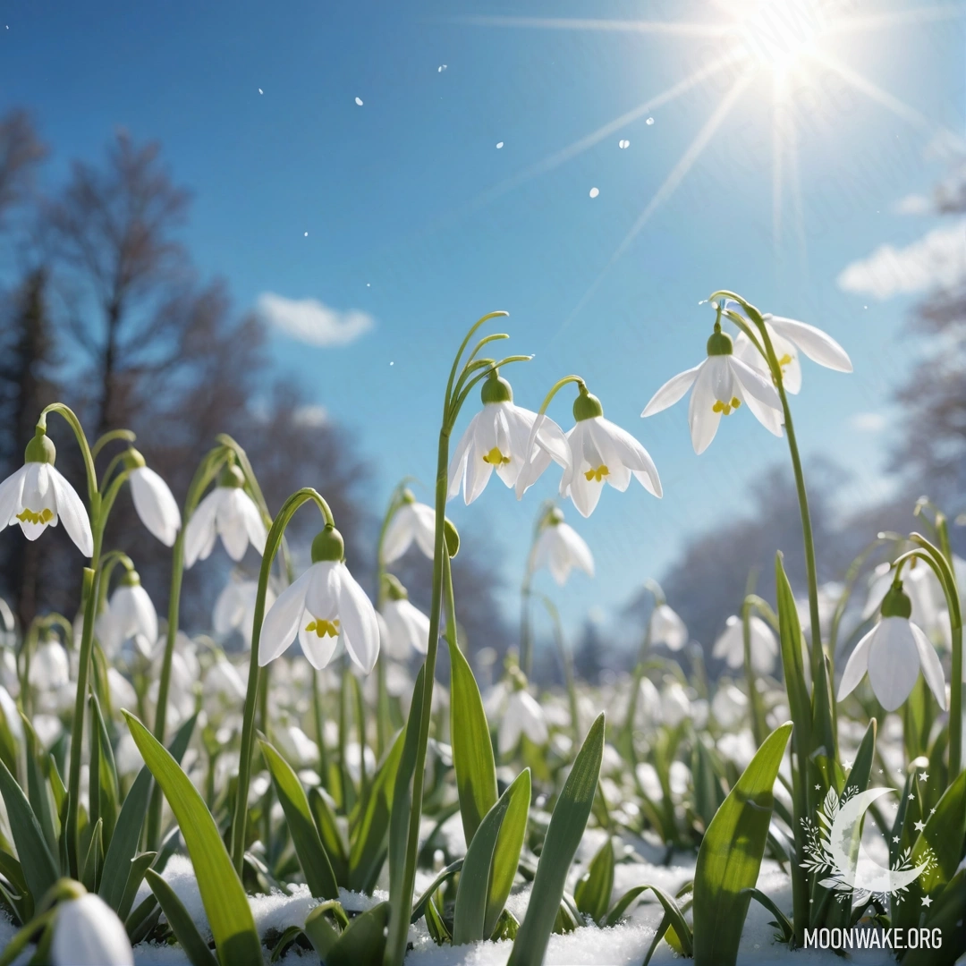 A serene background featuring delicate snowdrop flowers against a sky blue backdrop.