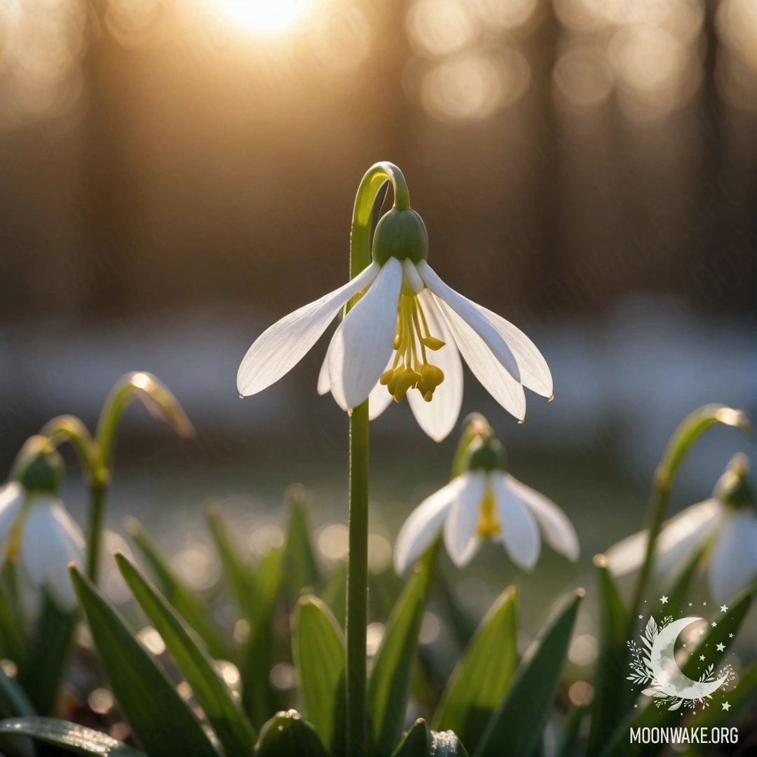 A peaceful snowdrop adorned with a web at sunset, featuring golden patterns of Japanese calligraphy.