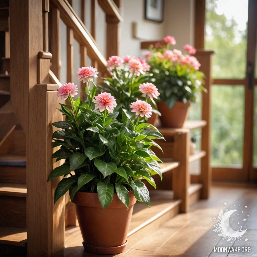 A serene wooden staircase adorned with flowerpots and soft garland lights.