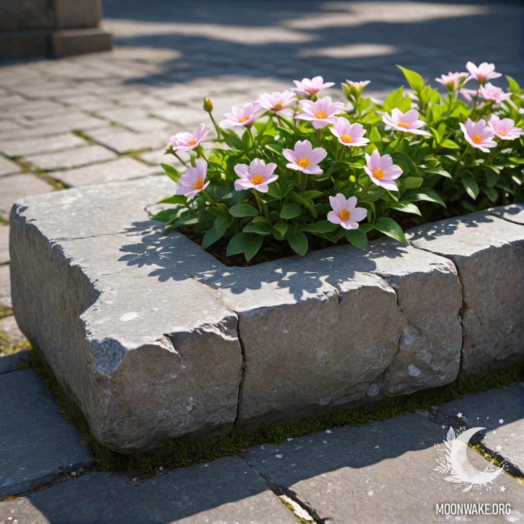 A shabby stone curb adorned with small white and pink flowers.