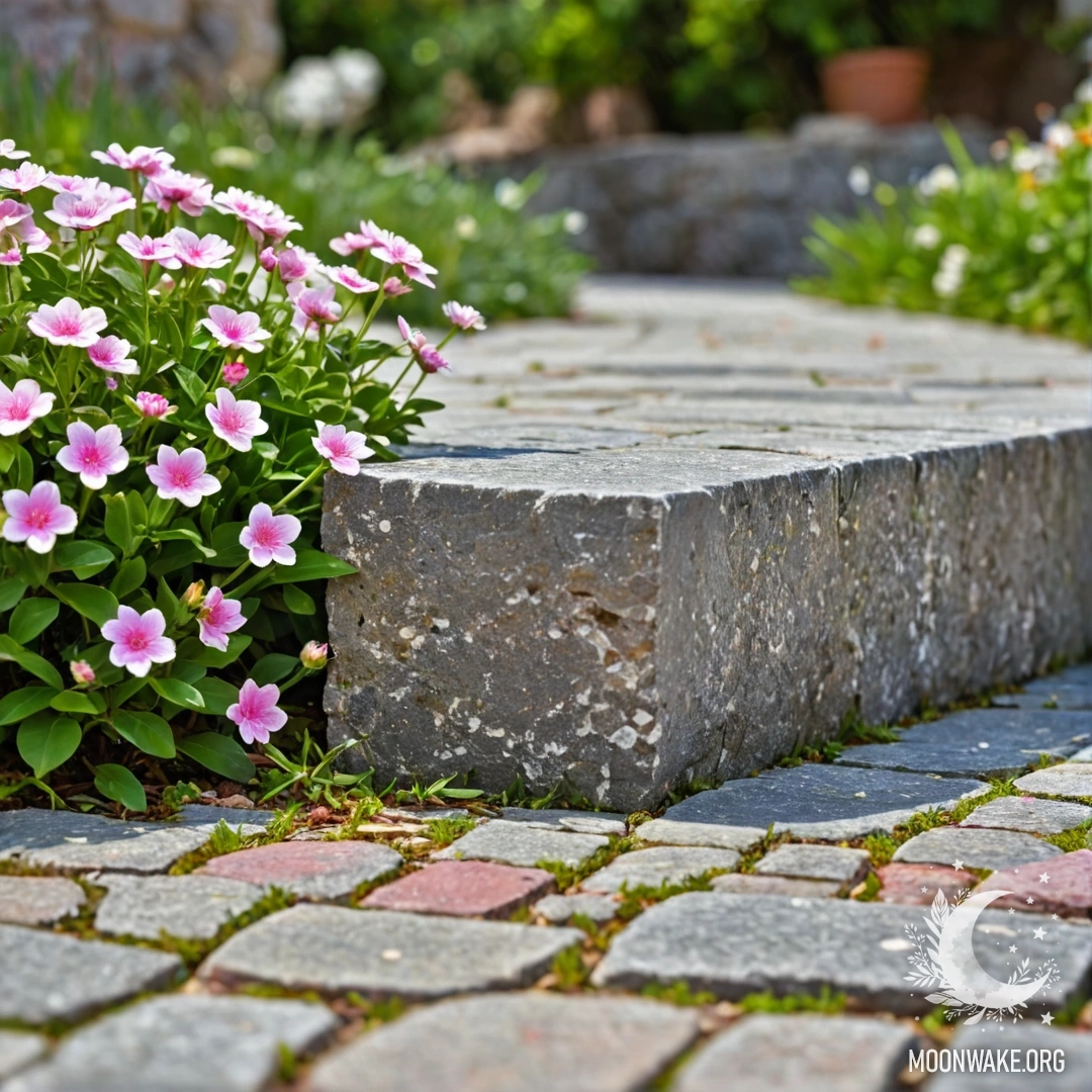 A shabby stone curb with small white and pink flowers growing behind it.