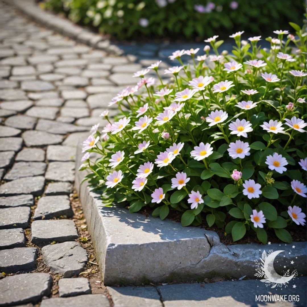 Peaceful Stone Curb with Flowers A shabby stone curb with small white and pink flowers growing behind it.