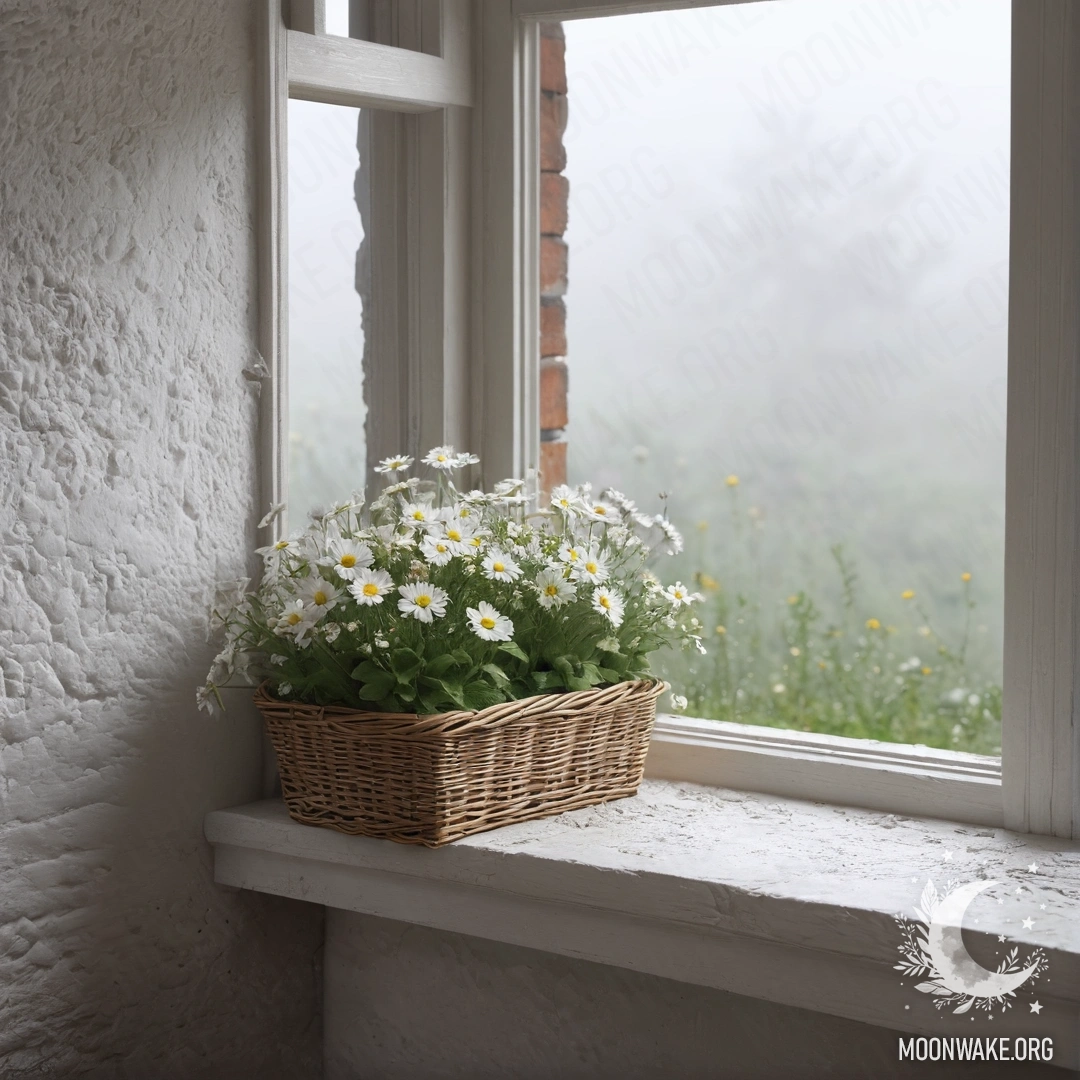 A serene white stone wall with an open window and a basket of daisies on the sill, shrouded in dense fog.