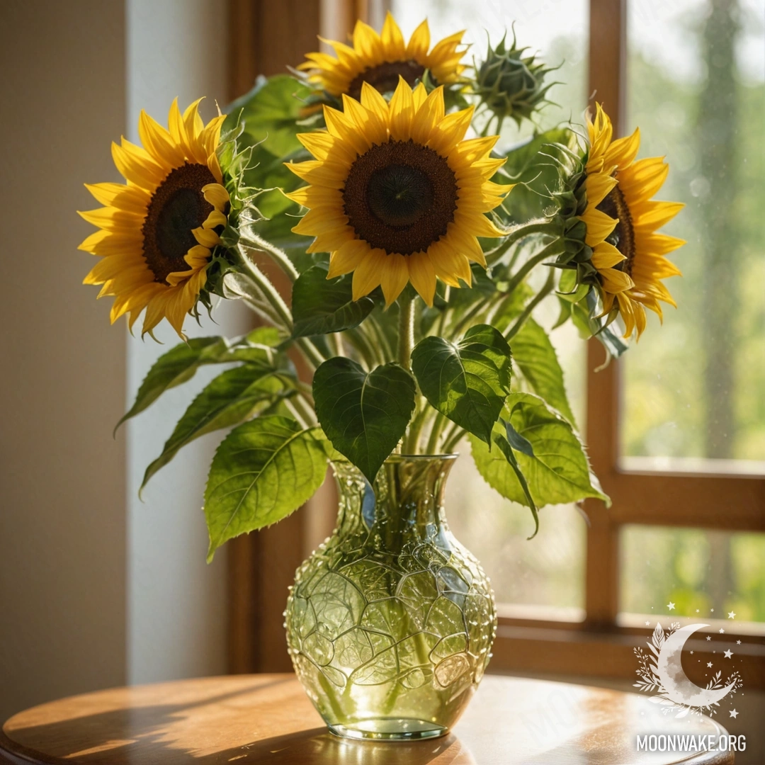 Serene Sunflowers in a Green Vase A vase filled with sunflowers, accompanied by a delicate web and sunlight.