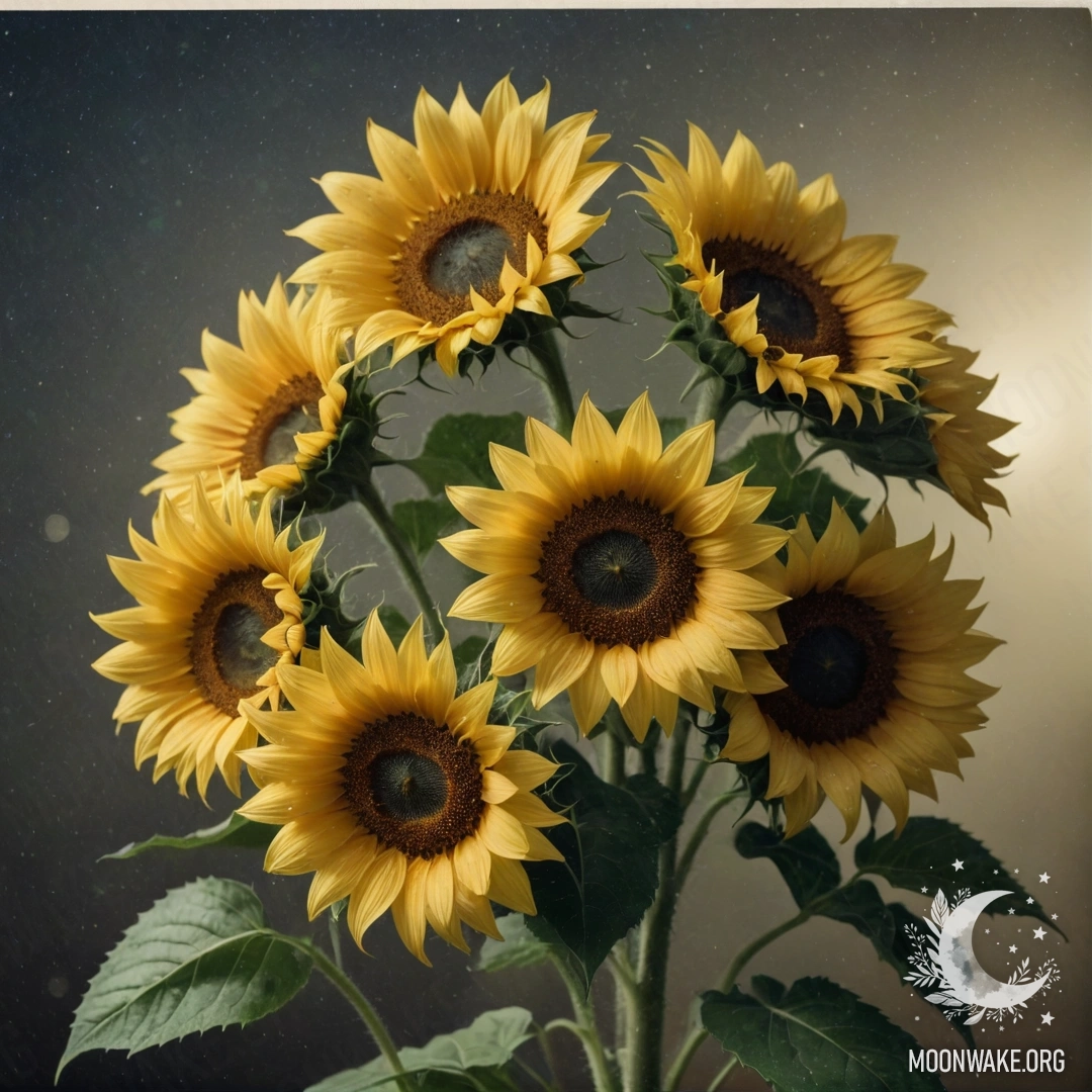 A bouquet of cream yellow sunflowers surrounded by mist at night.