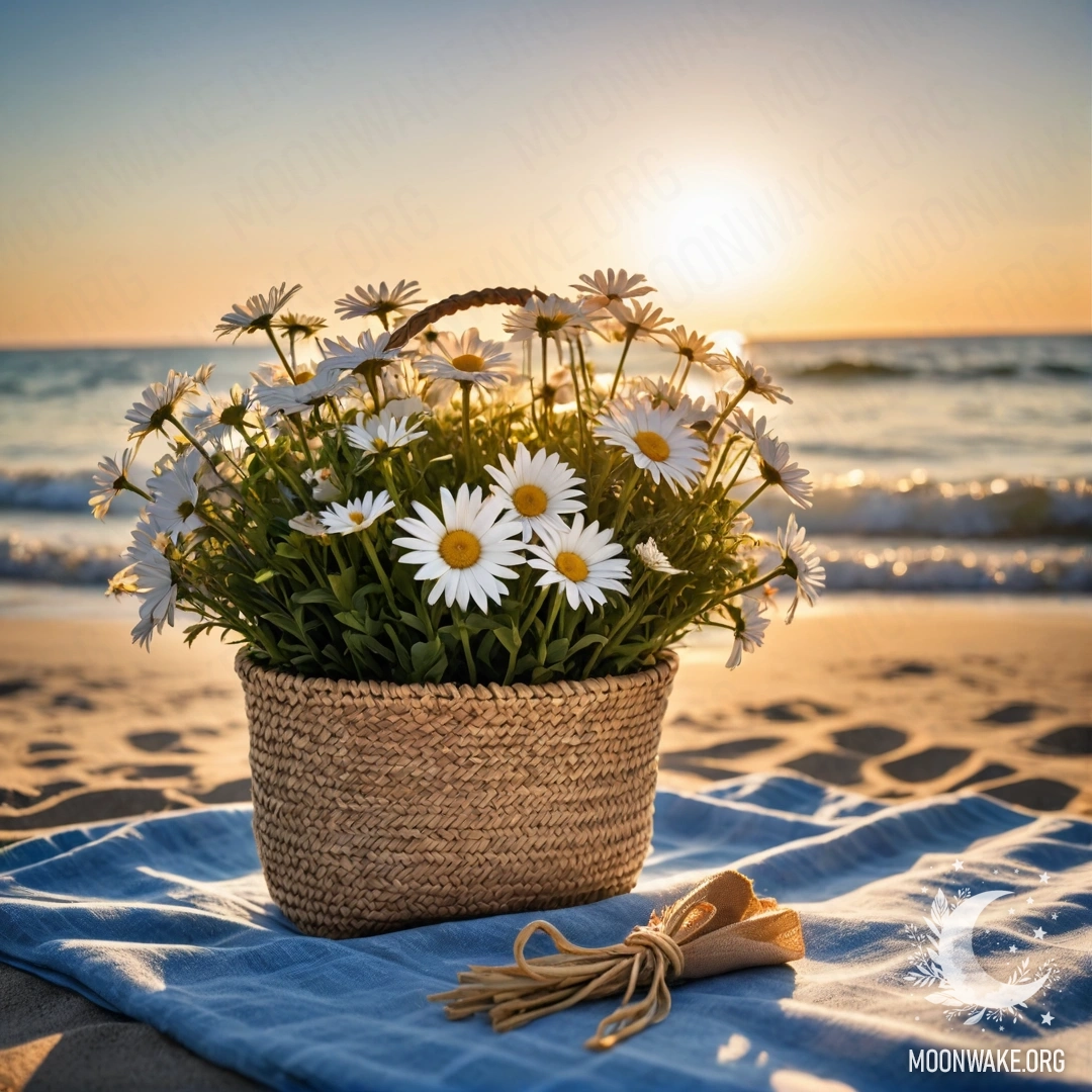 A straw bag with a blue tablecloth and daisies against the sunset beach.