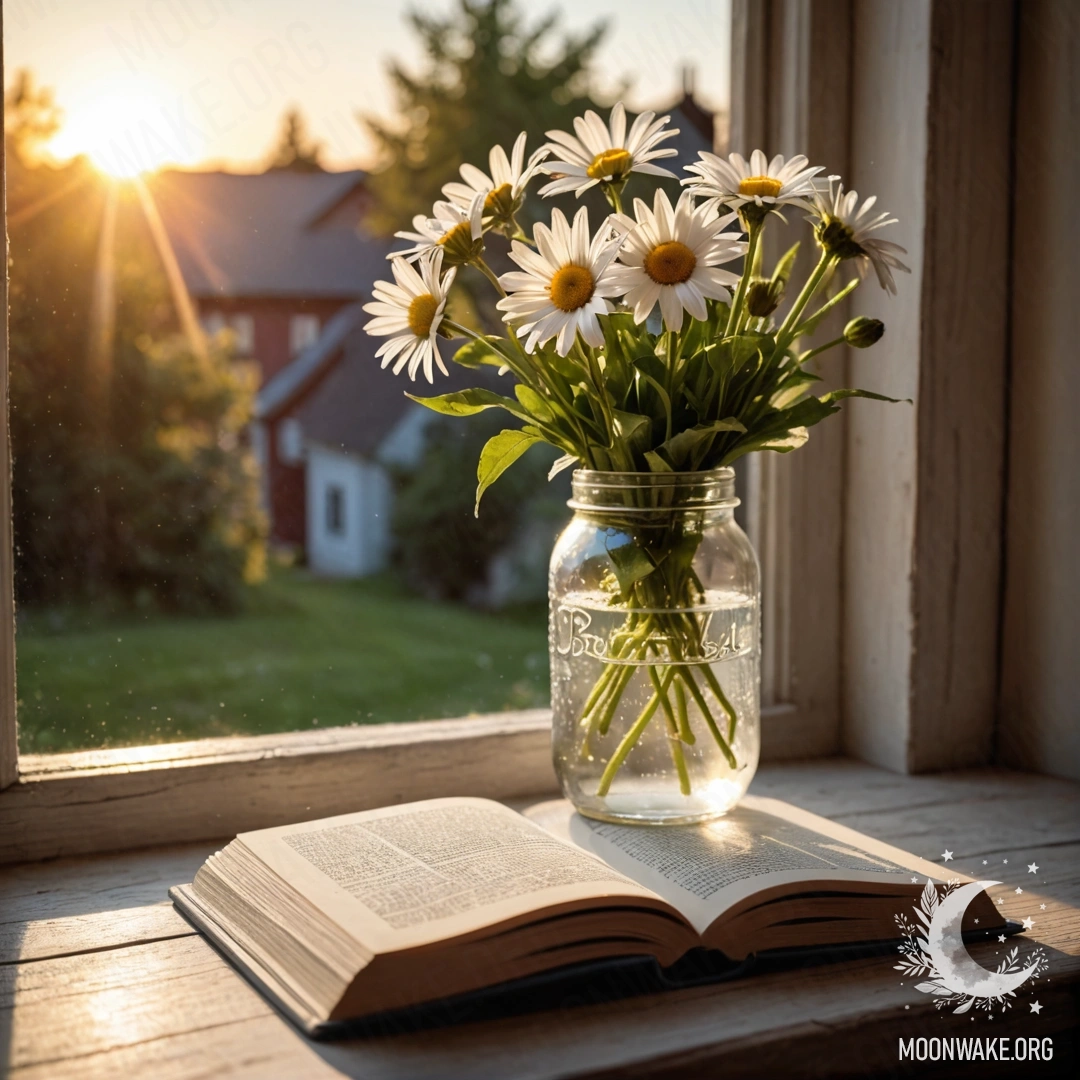 A shabby wooden windowsill with a jar of daisies and an open book at sunset.