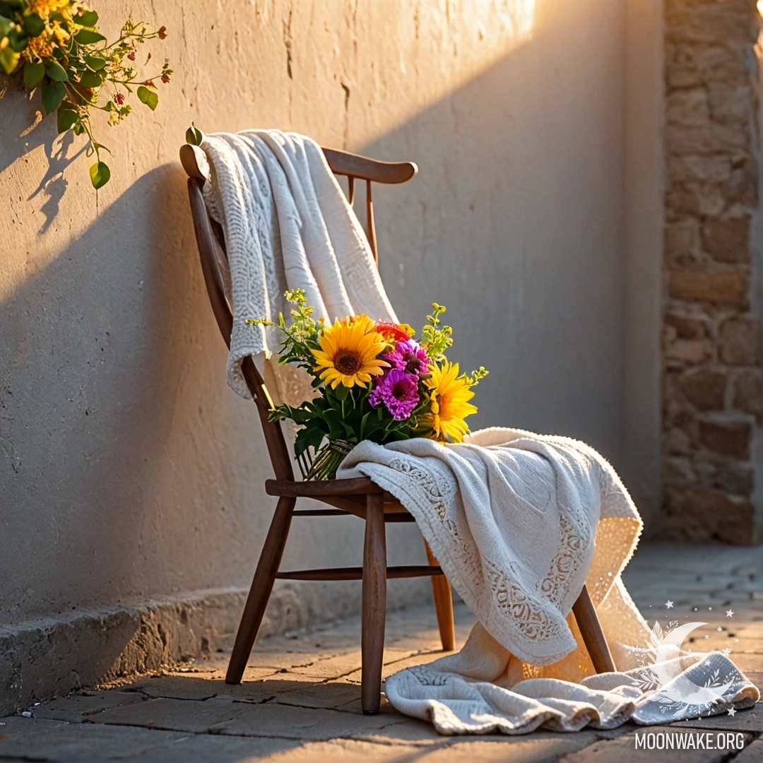 Serene Sunset with Flowers on Cozy Blanket A chair with a blanket and a bouquet of flowers against a shabby wall at sunset.