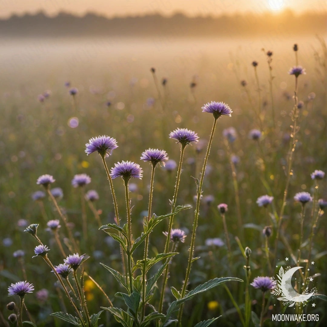 Close-up of vibrant field flowers against a bokeh background with foggy sunset.