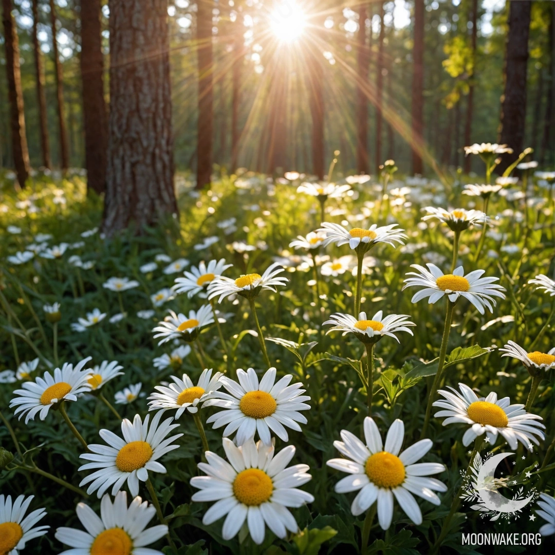 The image depicts sunlight filtering through trees during sunset, with close-up daisies illuminated by garland lights.