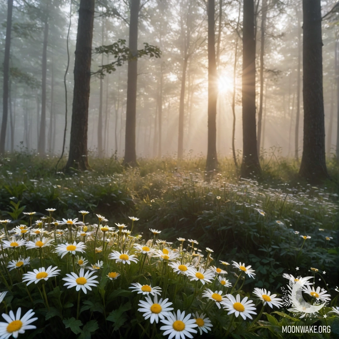 A close-up view of daisies in a foggy forest with sunlight filtering through trees at sunset.
