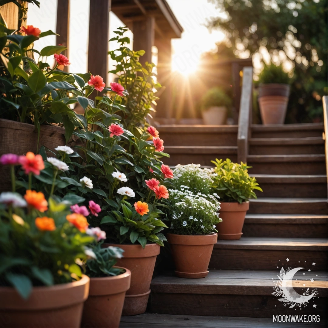 A wooden staircase adorned with flowerpots during sunset.