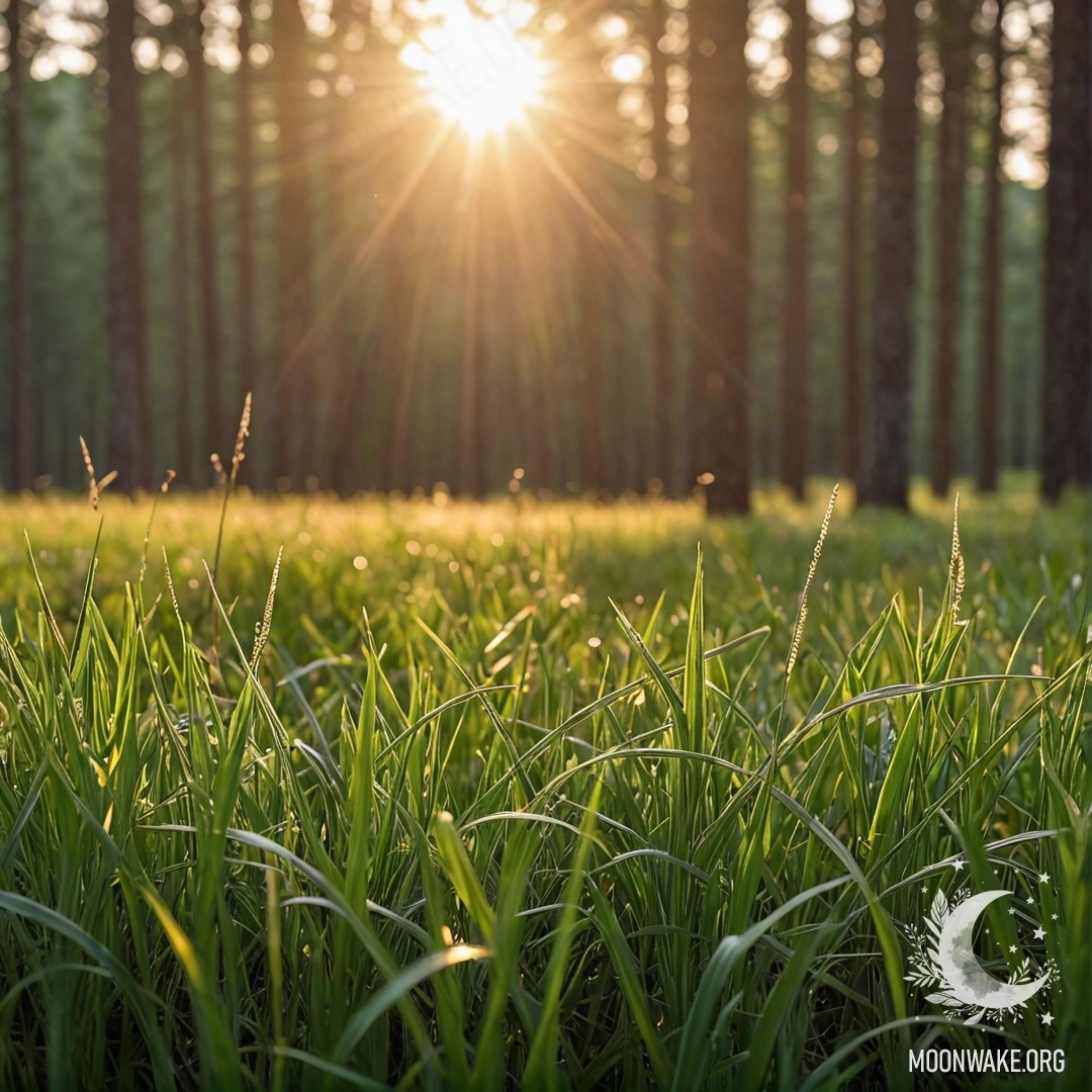 Close-up of grass in a tranquil field with bokeh forest and sun rays.