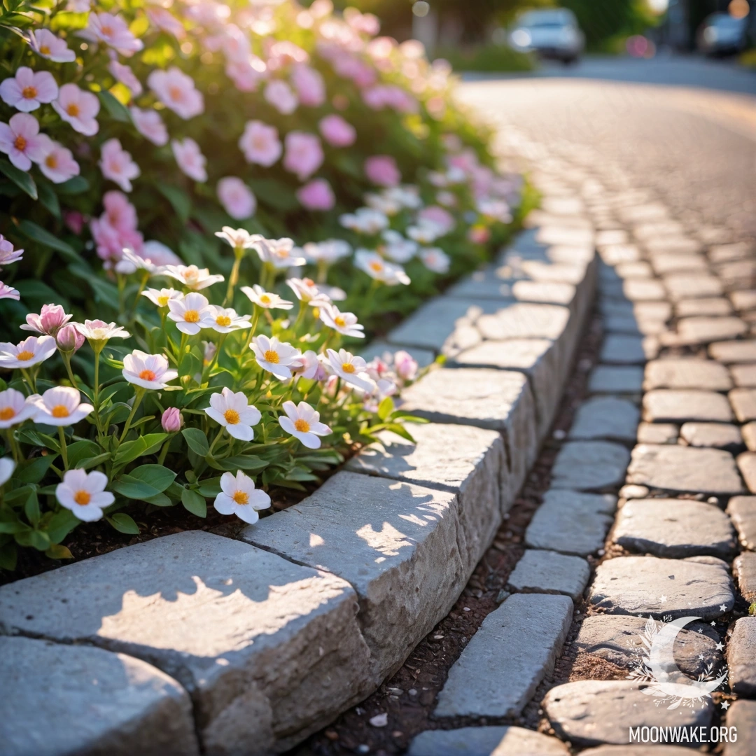 A shabby stone curb with small white and pink flowers growing behind it at sunset.