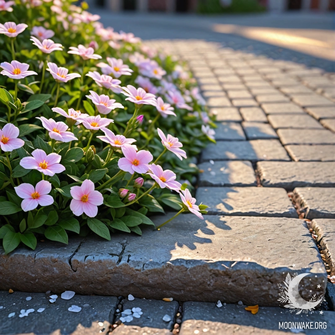 A shabby stone curb adorned with delicate white and pink flowers at sunset.