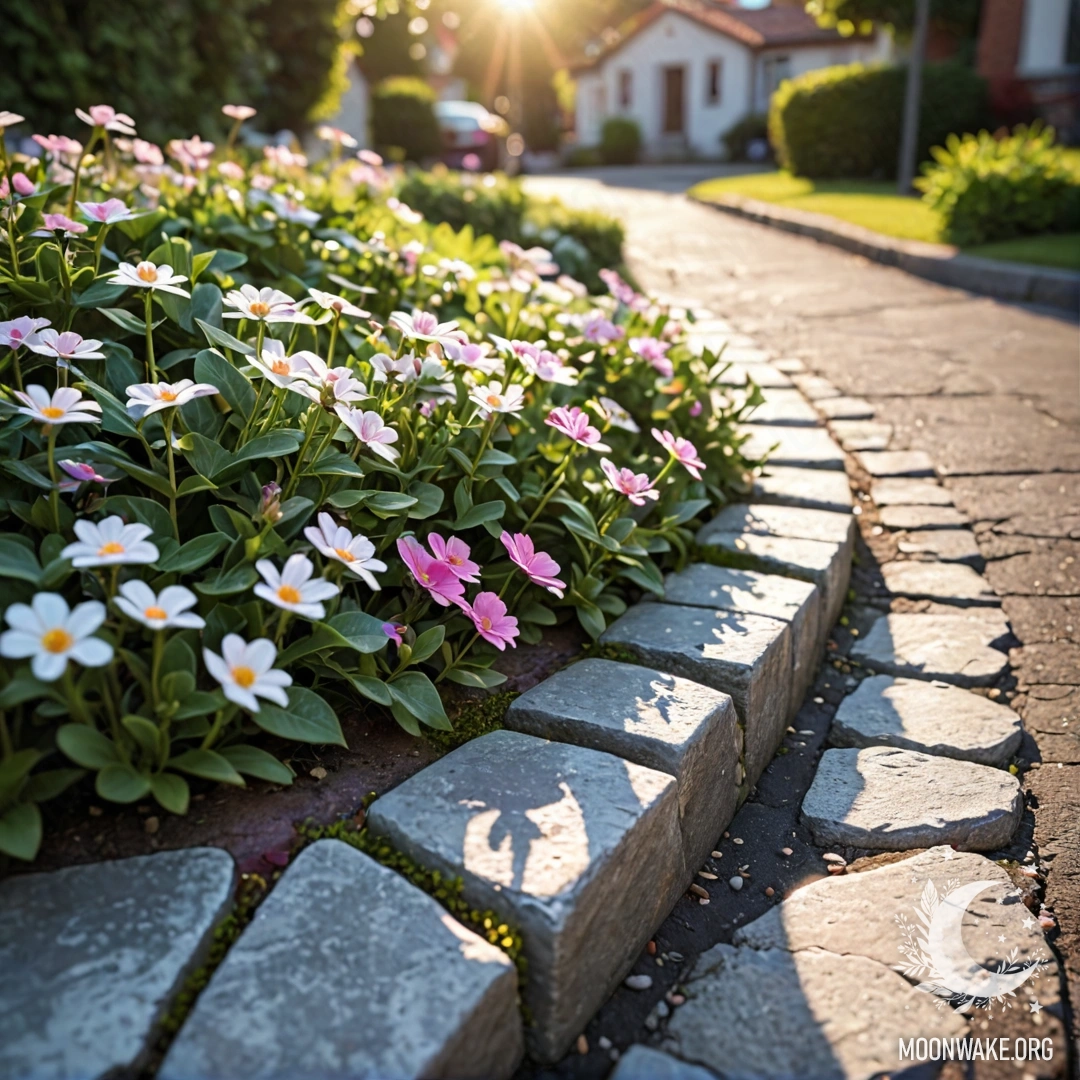 A shabby stone curb with tiny white and pink flowers growing behind it during sunset.
