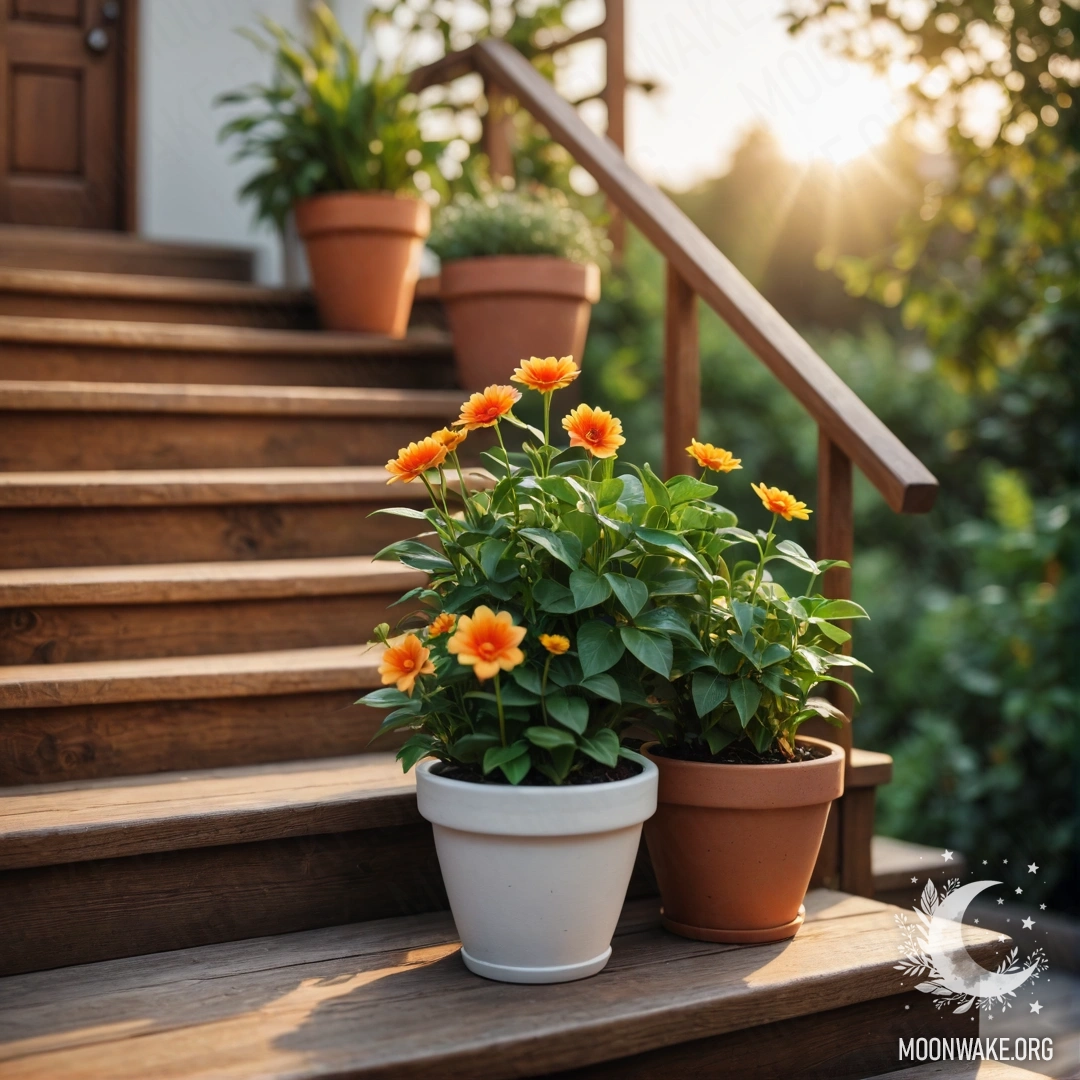 A wooden staircase adorned with flowerpots at sunset.