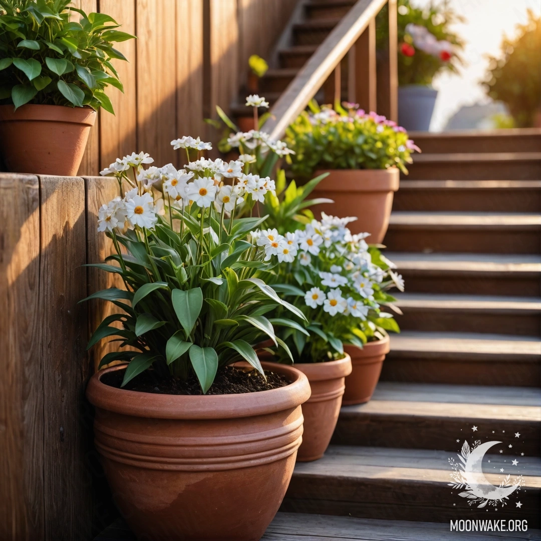 Peaceful Sunset on Wooden Staircase with Flowerpots A wooden staircase adorned with flowerpots under a vibrant sunset.