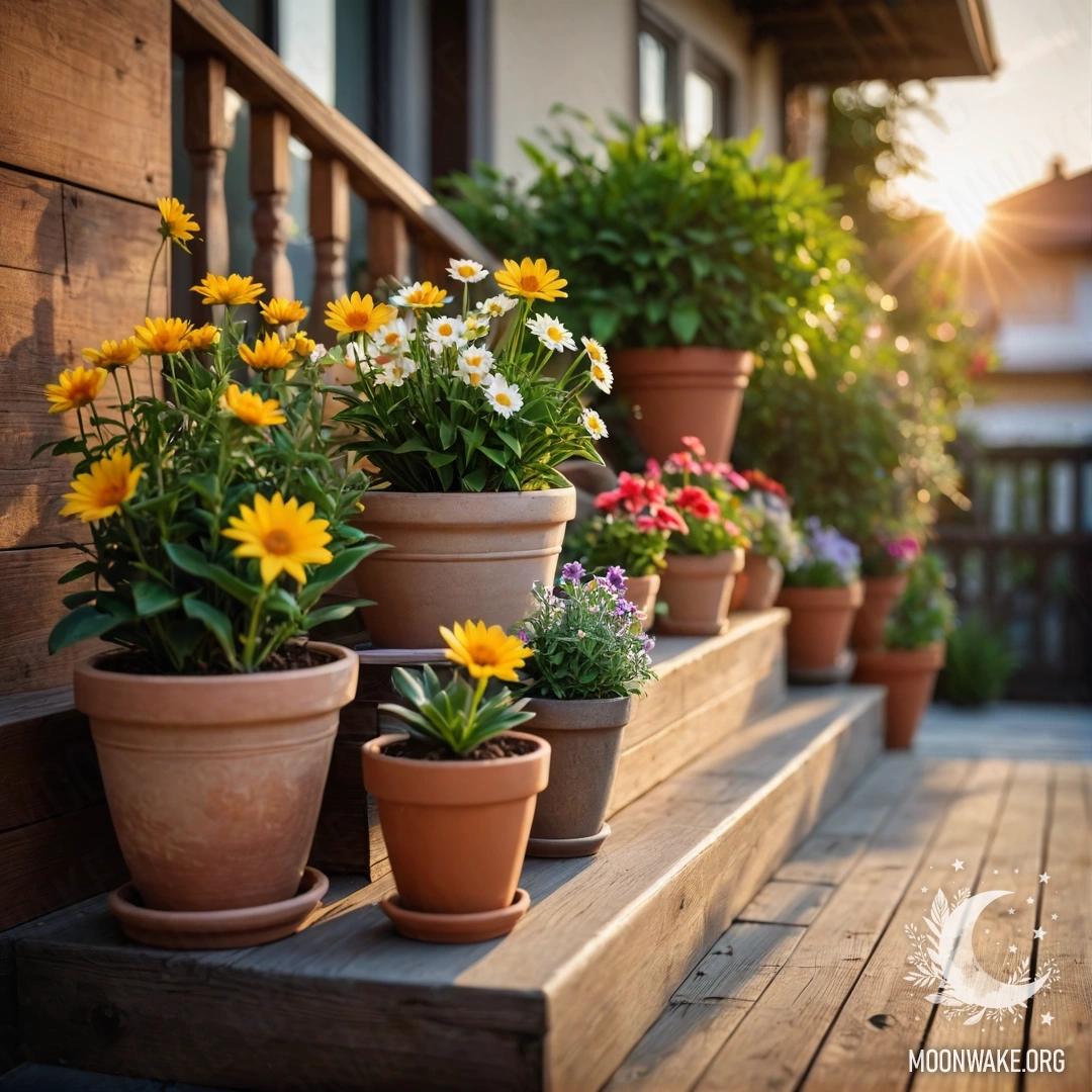 Peaceful Sunset on a Wooden Staircase A peaceful scene of flowerpots on a wooden staircase at sunset.