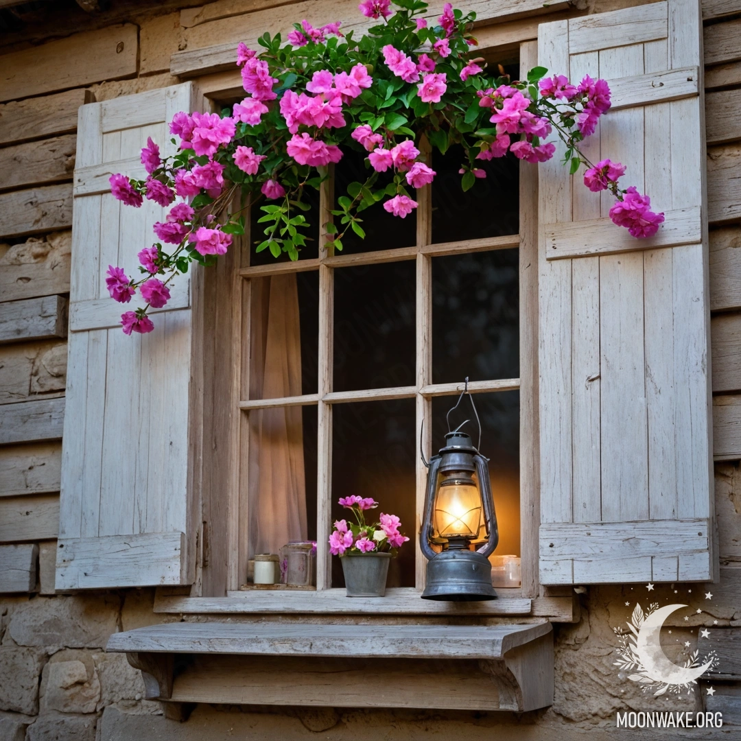 Peaceful Sunset Through a Wooden Window A shabby wooden window adorned with shutters and a kerosene lamp, surrounded by pink flowers at sunset.