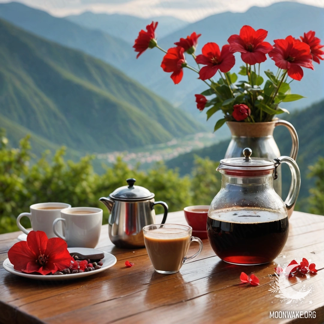 A serene wooden table with a jar of red flowers, coffee pot and cups, set against a mountain backdrop, with rain falling softly.