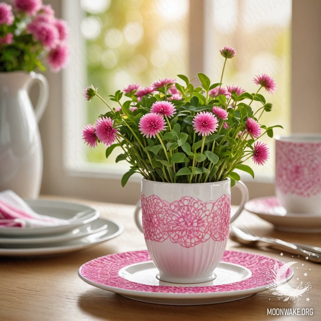 A round straw napkin with white porcelain cups featuring a pink pattern and a clover in a white vase, illuminated by sun rays.