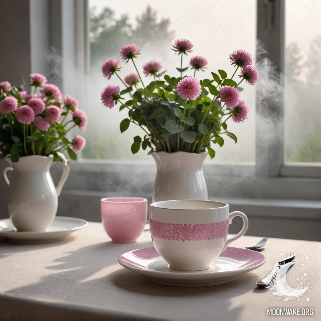 Peaceful Tea Setting in Misty Ambience A round straw napkin holds white porcelain cups with pink patterns, alongside a white vase containing clover, enveloped in heavy, dense fog.