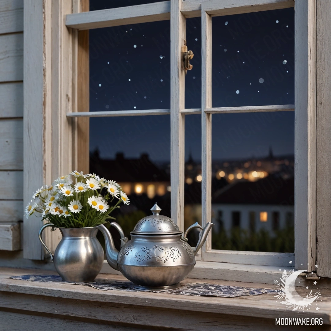 A metal teapot with patterns on a shabby wooden window sill, with daisies inside, at night.