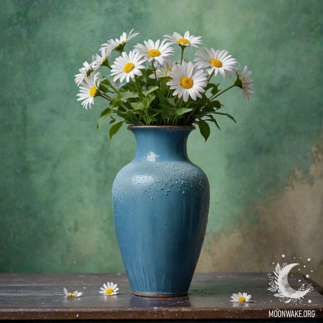 A shabby blue metal vase filled with white daisies and purple lilacs against a greenish wall, with rain falling in the background.