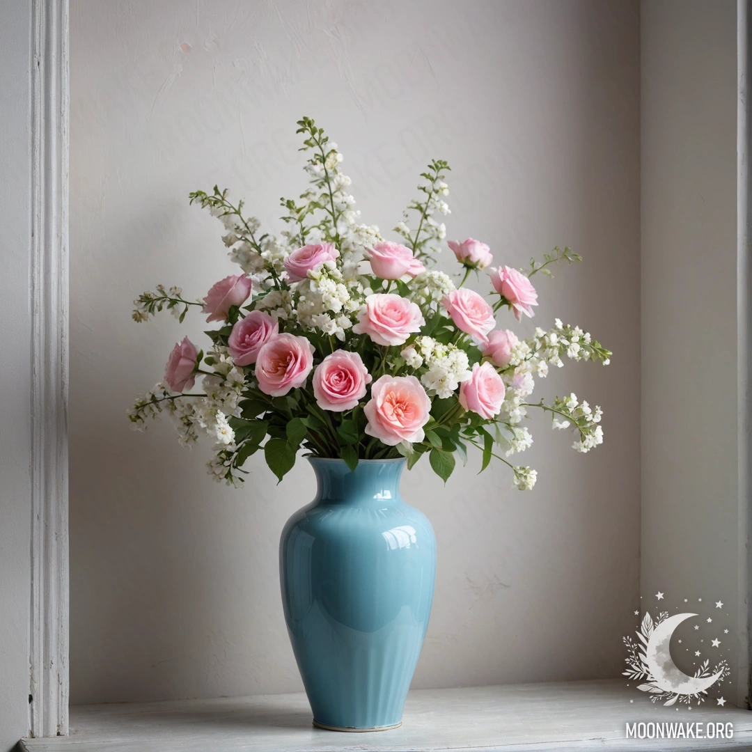 Peaceful Vase with Flowers at Night A shabby pastel blue metal vase with white and pink flowers against a shabby white wall at nighttime.