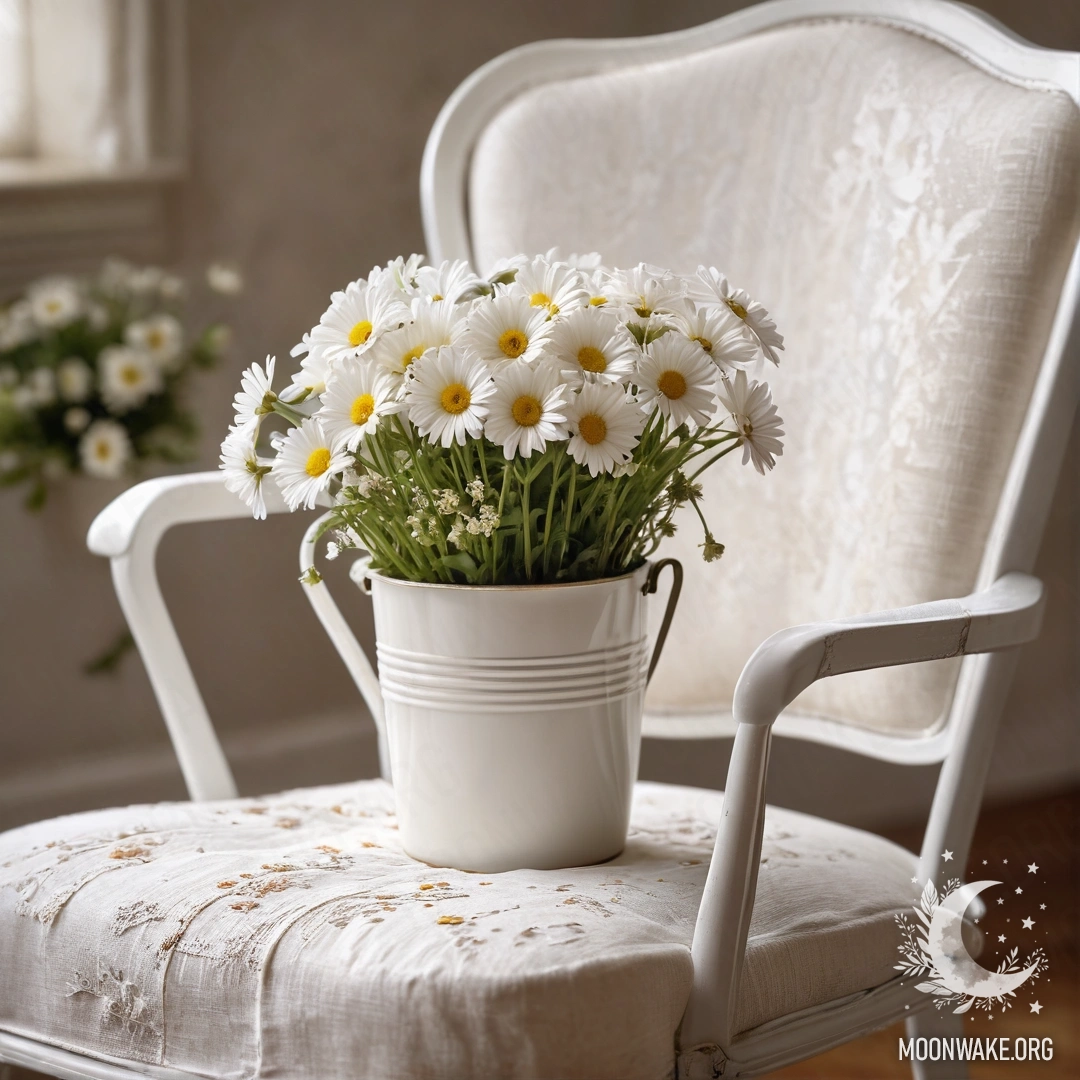 A close-up of a vintage chair with white fabric, a cup of coffee, and a milk bucket filled with daisies.