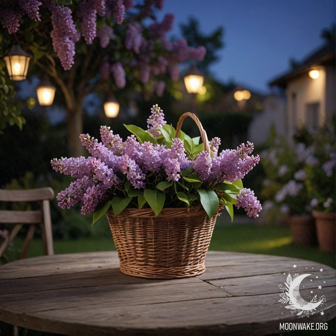 A vintage wooden table with a basket of lilacs in a tranquil garden setting at night.