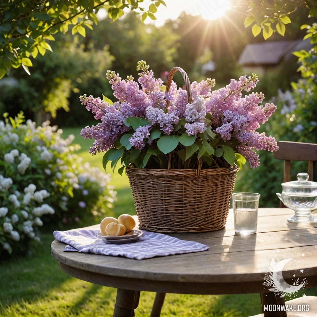 A peaceful vintage wooden table with a basket of lilacs in a garden at sunset.
