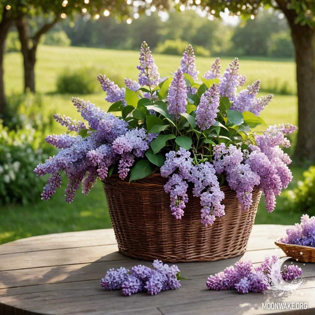 Peaceful Vintage Table with Lilacs A vintage wooden table in a garden, adorned with a basket of lilacs and garland lights.