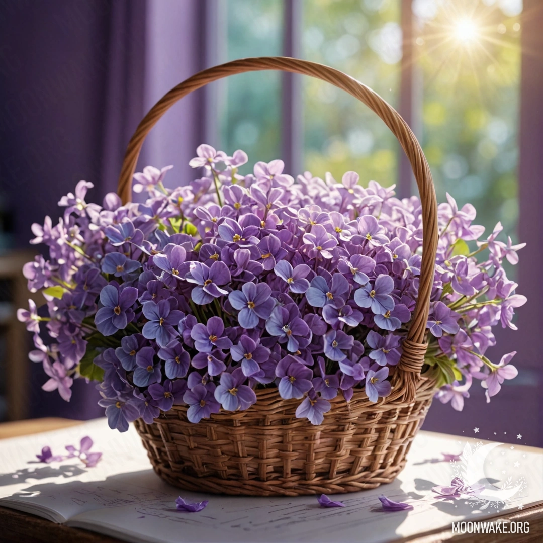Peaceful Violet Basket A basket filled with violet flowers basking in sunny rays.