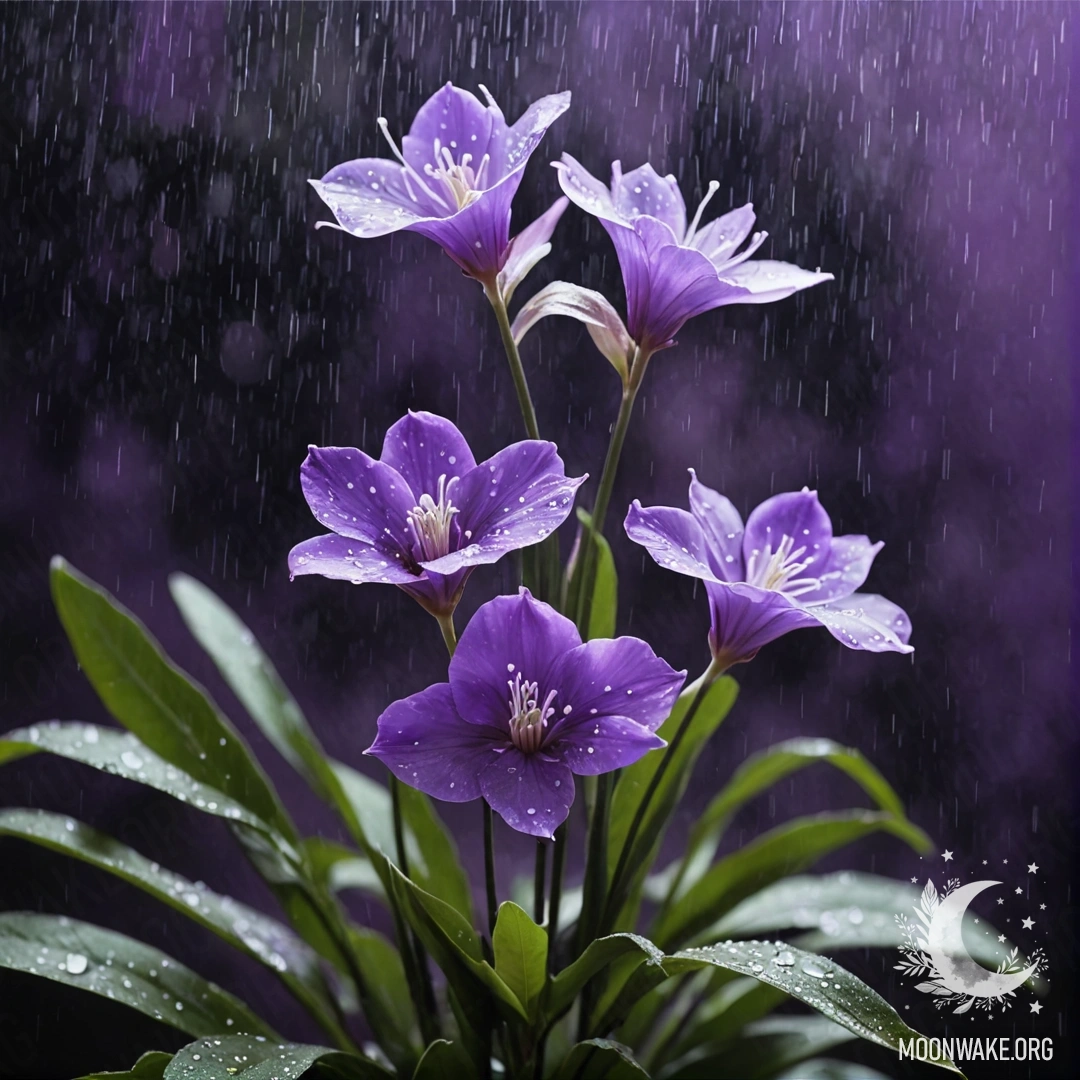 A serene bouquet of violet flowers in the mist under rain at night.