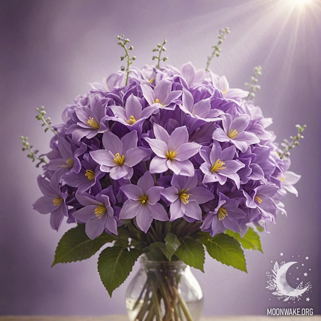 A bouquet of pastel violet flowers partially obscured by mist with sunlight filtering through.