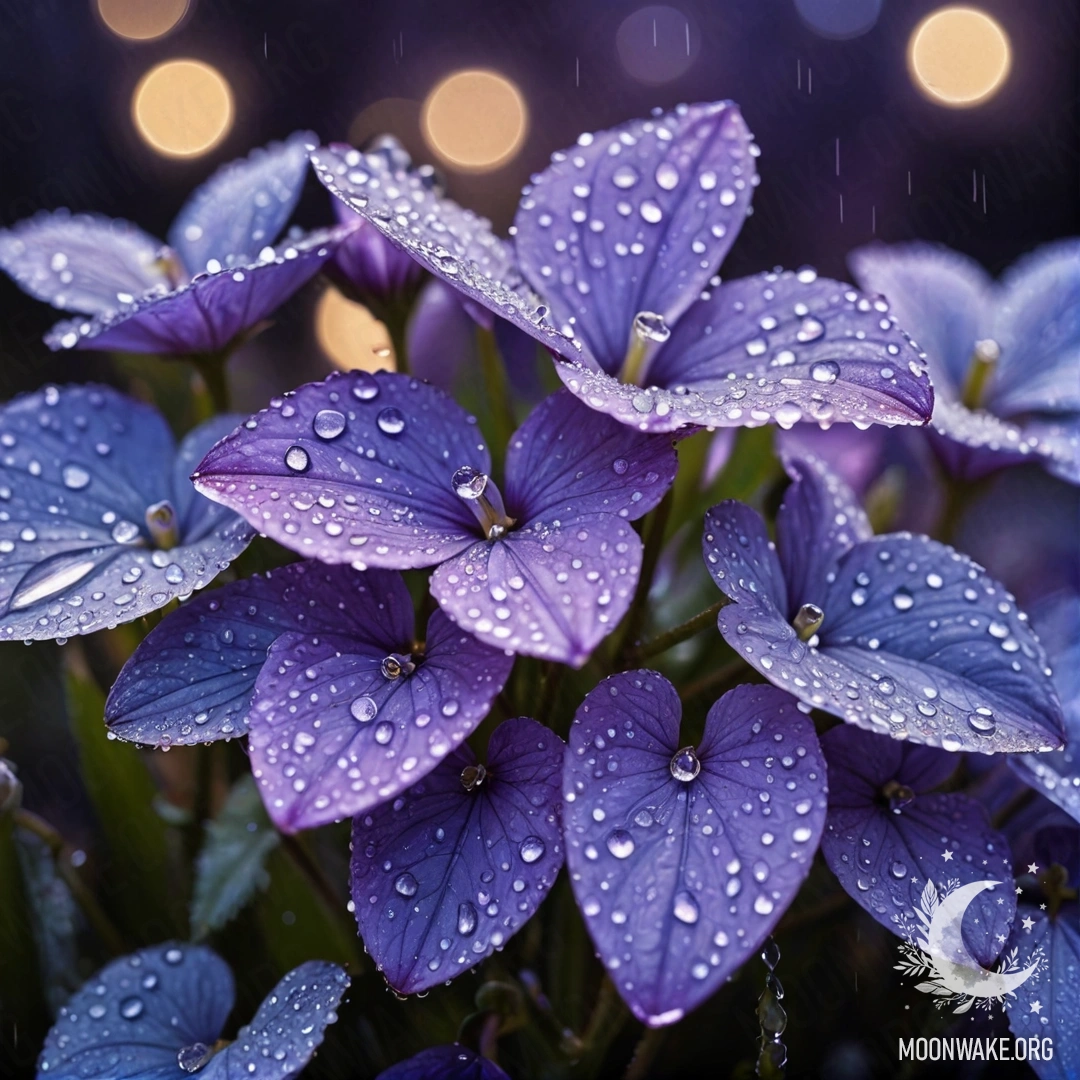 Peaceful Violet Dew Drops at Night A serene violet scene at night adorned with blue dew drops and rhinestones.