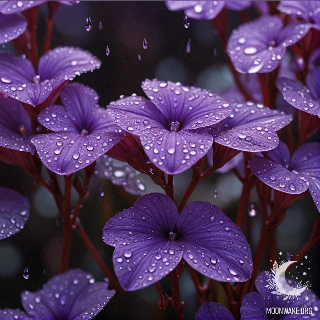 A serene violet background adorned with dew drops, featuring red patterns.