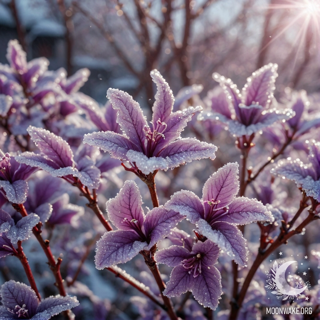 Violet Frost with Sunny Rays A peaceful violet flower in frost with sunny rays illuminating red sequins.