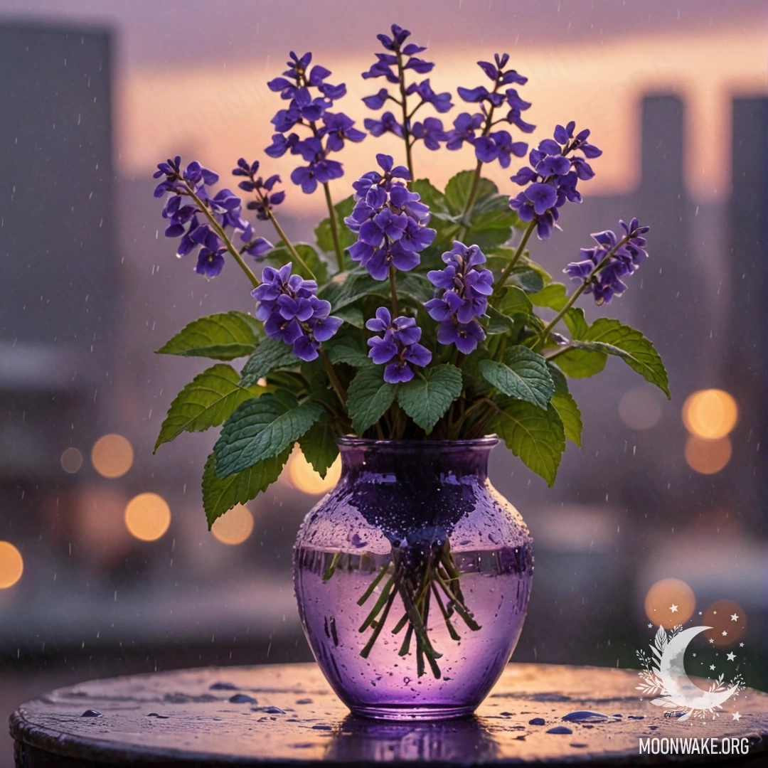Peaceful Violet in a Mint Vase at Sunset A beautiful violet flower in a mint-colored vase under rain at sunset.