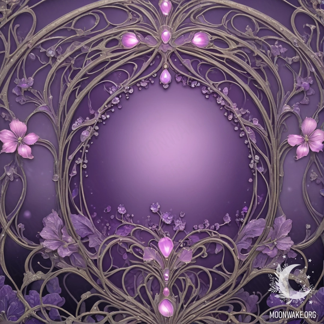 A serene night scene featuring violet mist and pink rhinestones, evoking an Art Nouveau style.