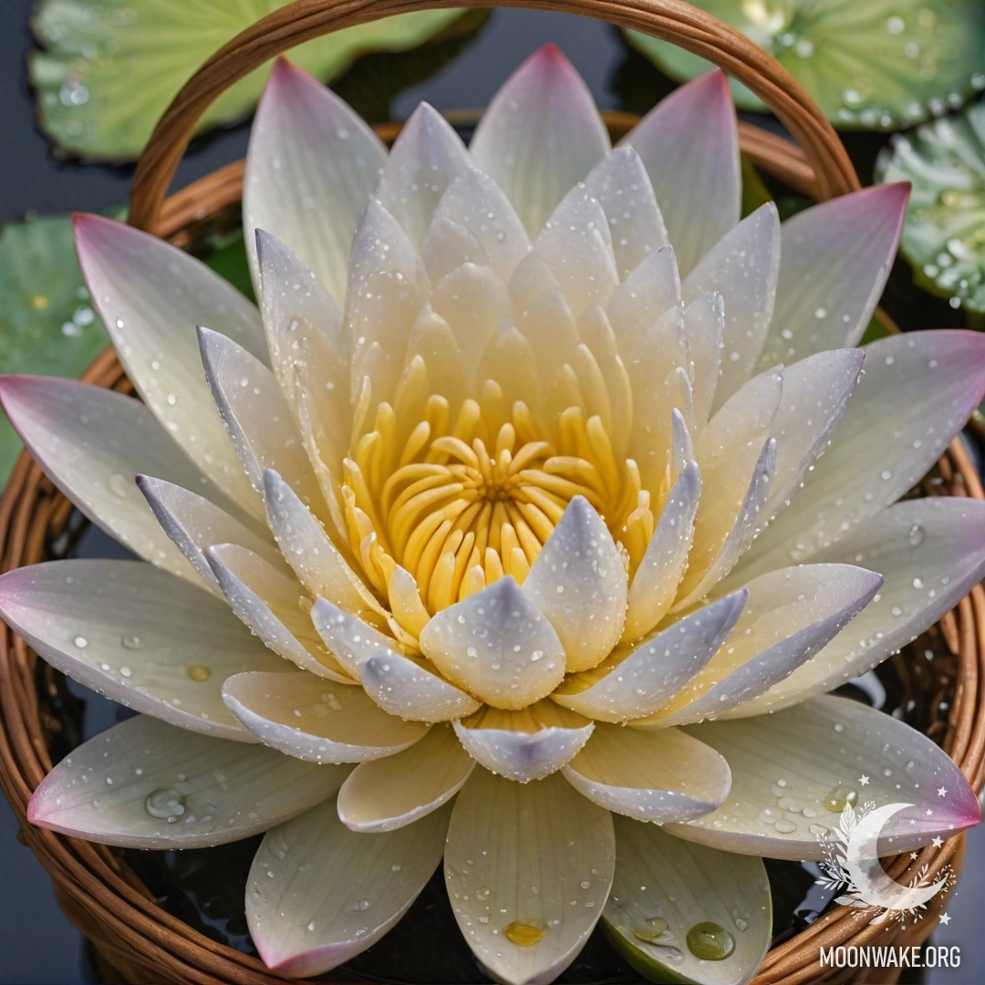 A peaceful water lily adorned with dew drops, resting in a light yellow basket.
