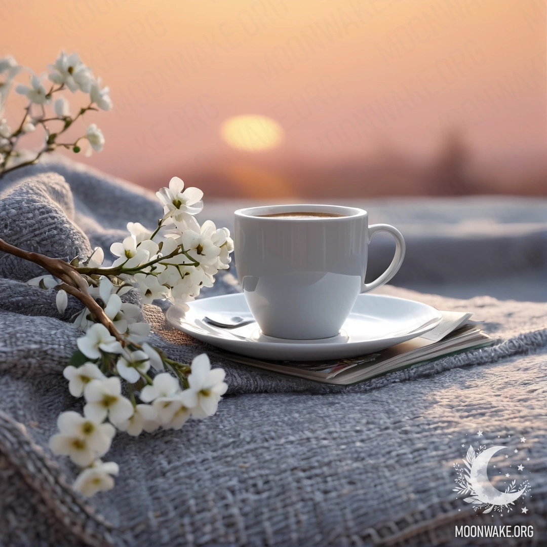 Peaceful Sunset Chair Setup A white chair with a gray knitted blanket, a book, a branch with white flowers, and a white cup of coffee at sunset