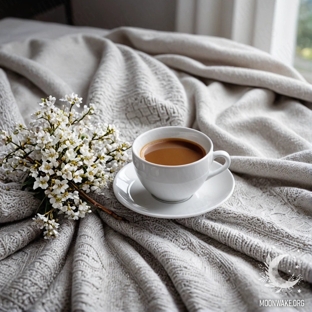 A close-up of a peaceful white chair with a gray knitted blanket, a book, a branch with white flowers, and a white cup of coffee.