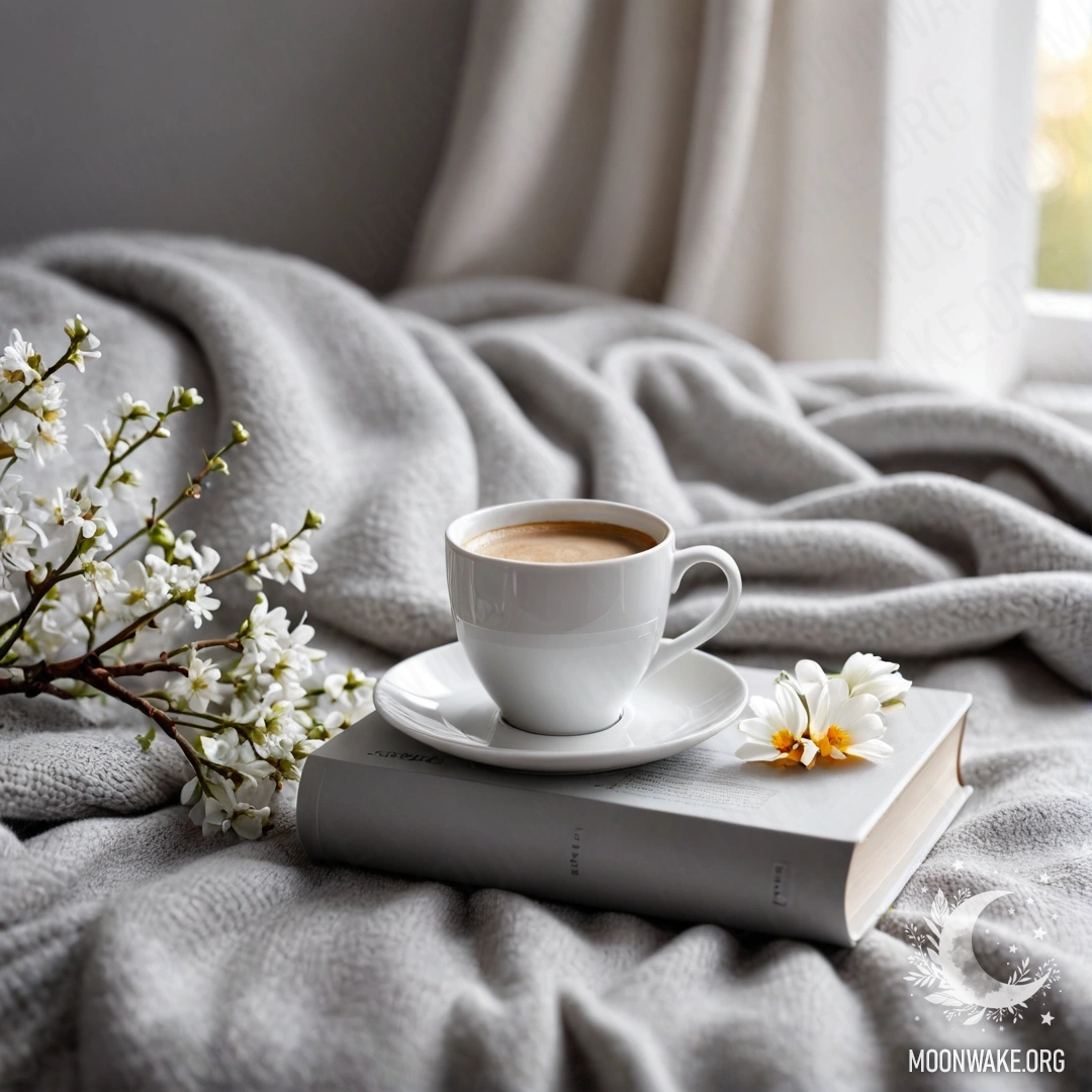 Serene Moments with a Coffee and a Cozy Blanket A cozy white chair featuring a gray knitted blanket, a book, a branch with white flowers, and a white cup of coffee bathed in sunlight.