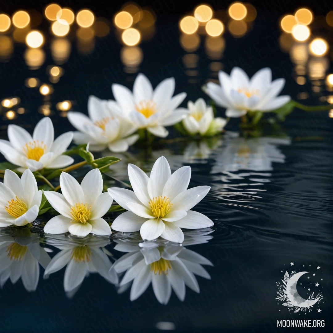 Peaceful White Flowers on Water A serene scene of white flowers floating on the water's surface, illuminated by soft garland lights.