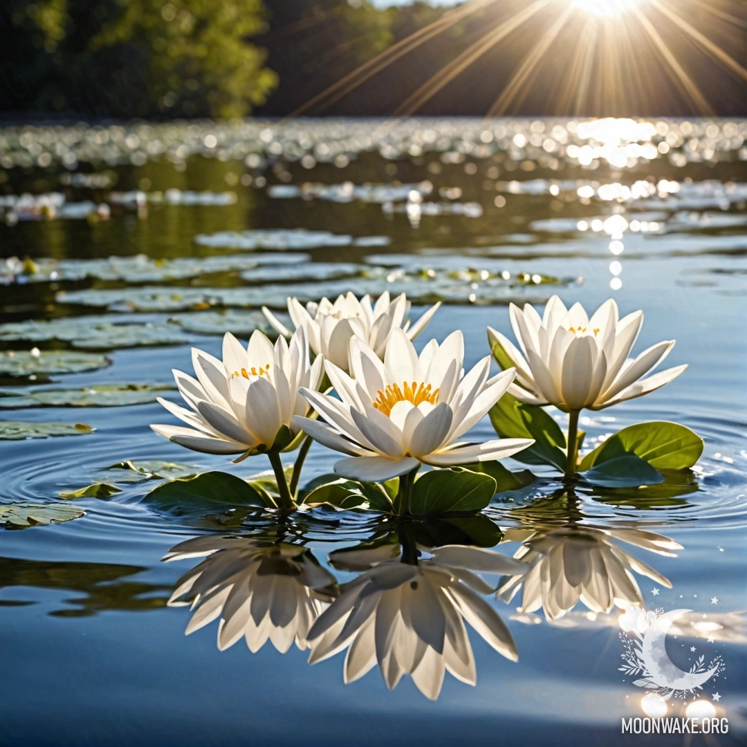 A tranquil scene with white flowers floating on a calm water surface, illuminated by sun rays.
